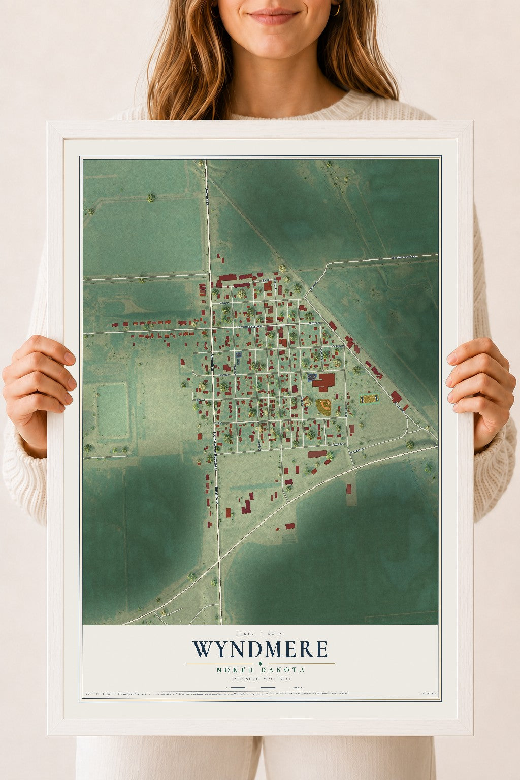 Map of Wyndmere, North Dakota, 18 x 24 inch print in a white wood frame