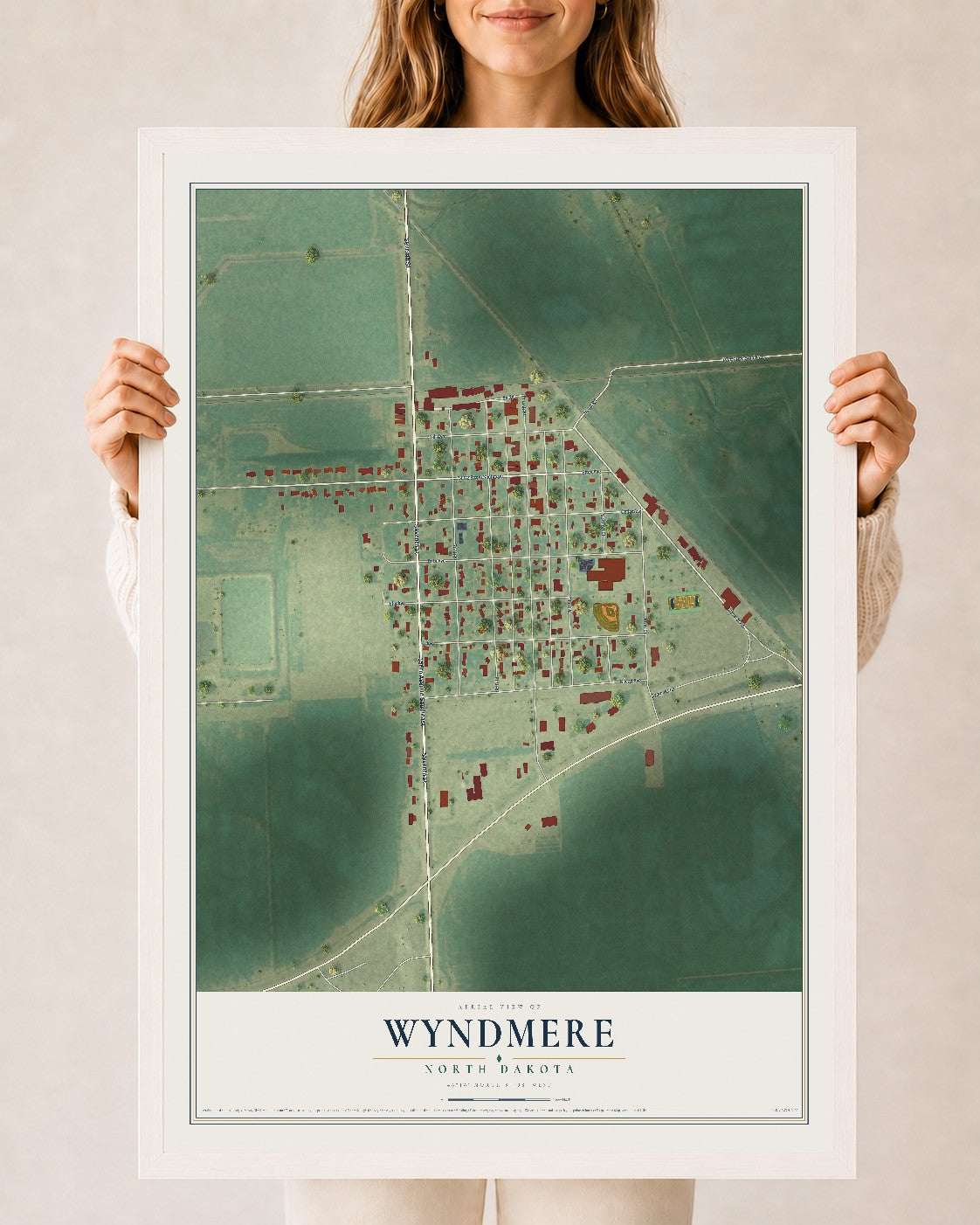 Map of Wyndmere, North Dakota, 24 x 36 inch print in a white wood frame