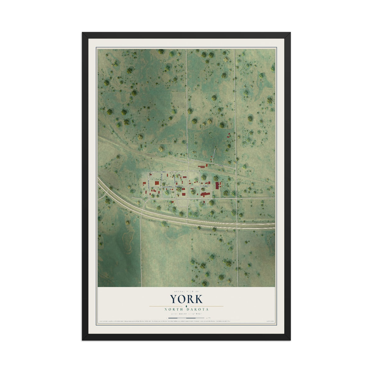 Map of York, North Dakota, 12 x 18 inch print in a black wood frame