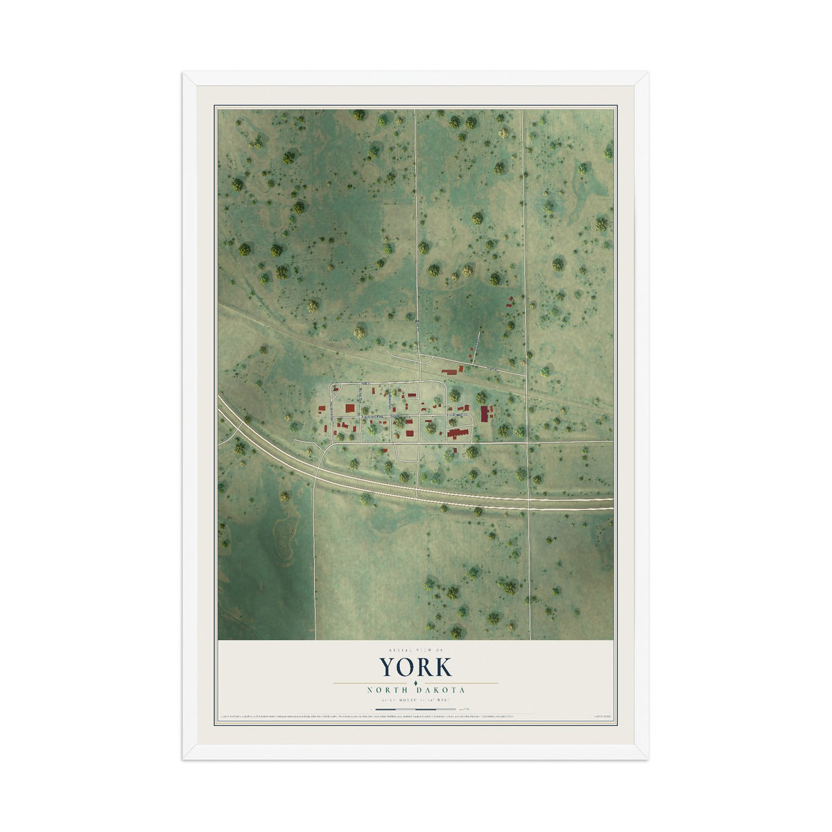 Map of York, North Dakota, 12 x 18 inch print in a white wood frame