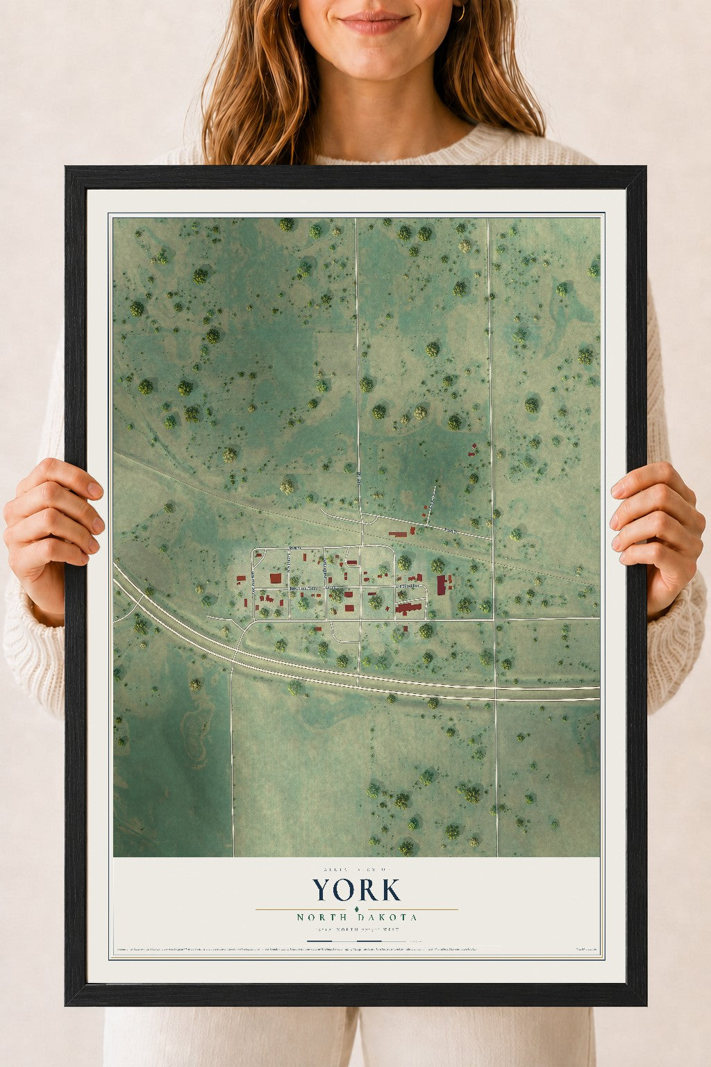 Map of York, North Dakota, 18 x 24 inch print in a black wood frame