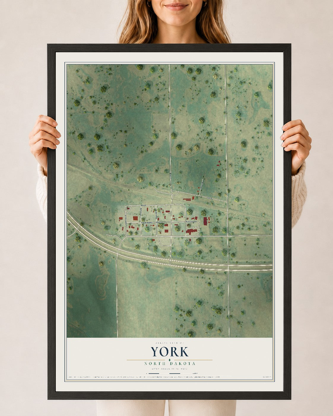 Map of York, North Dakota, 24 x 36 inch print in a black wood frame
