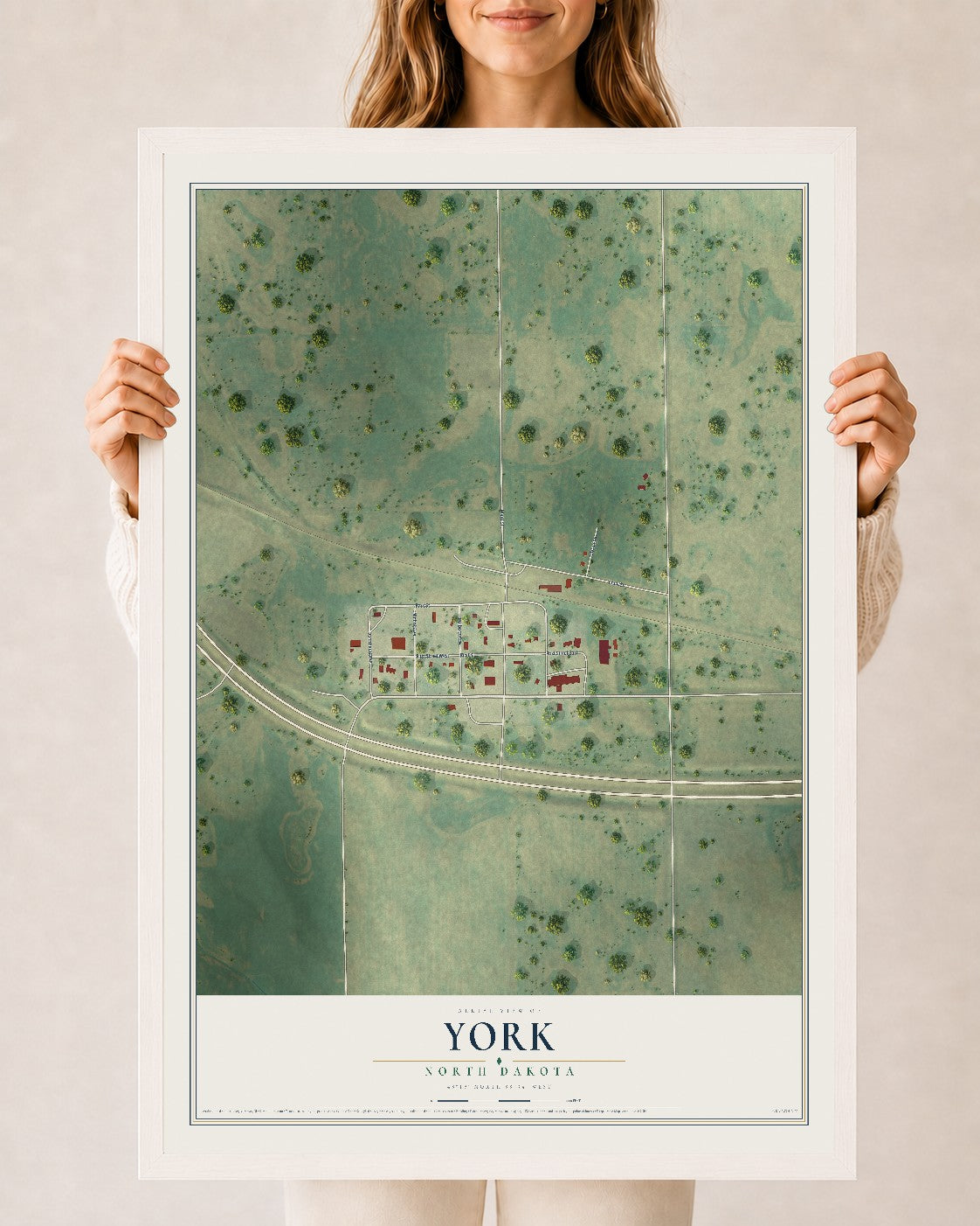 Map of York, North Dakota, 24 x 36 inch print in a white wood frame