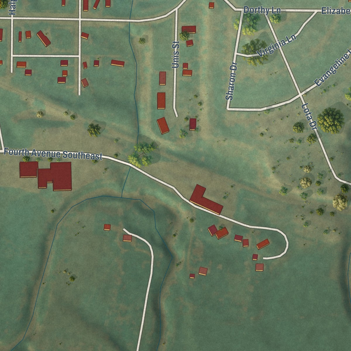 Second close-up of the map of Zap, North Dakota print showing more streets and buildings
