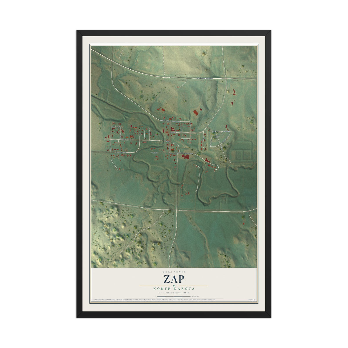 Map of Zap, North Dakota, 12 x 18 inch print in a black wood frame
