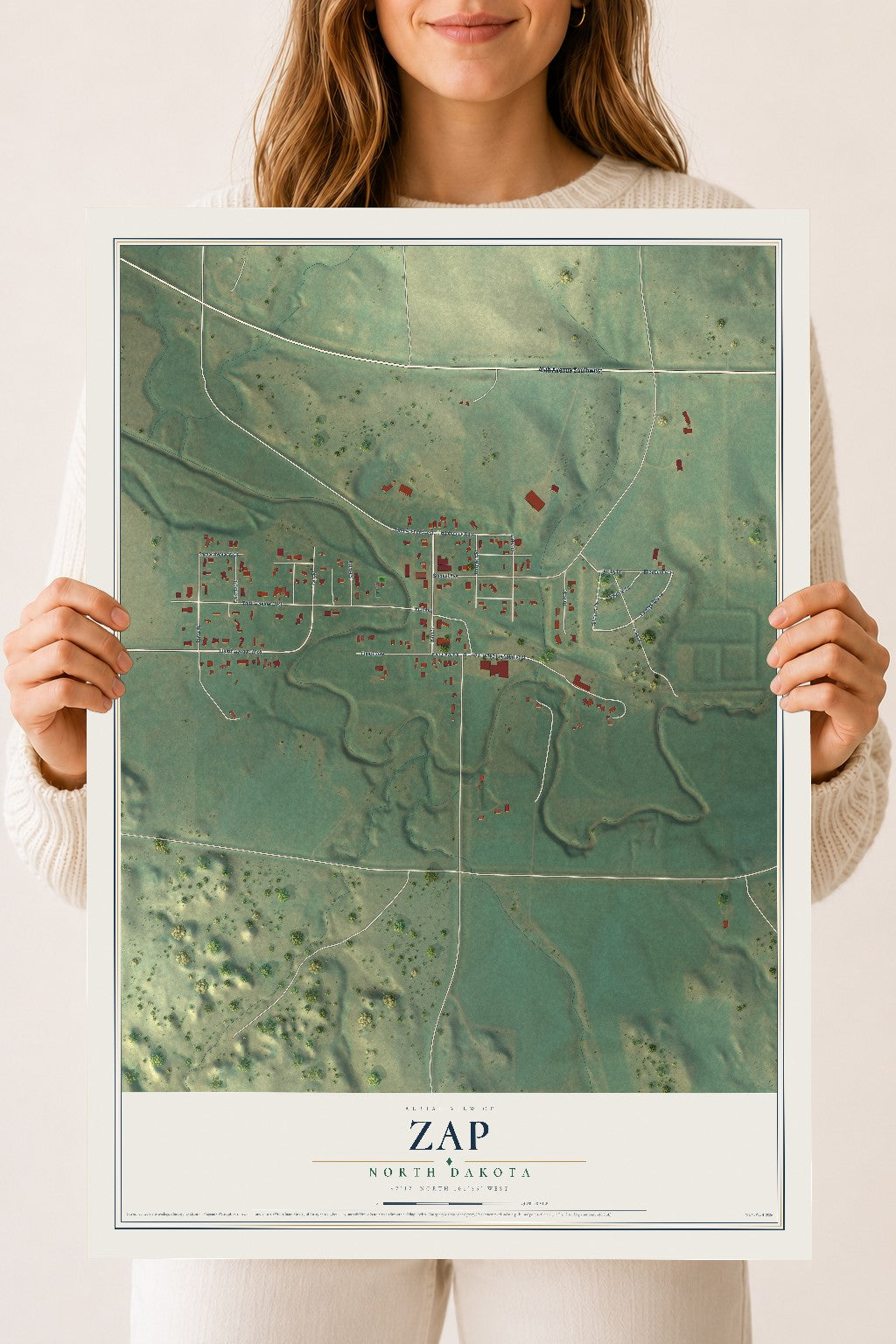 Map of Zap, North Dakota, 18 x 24 inch unframed archival matte print