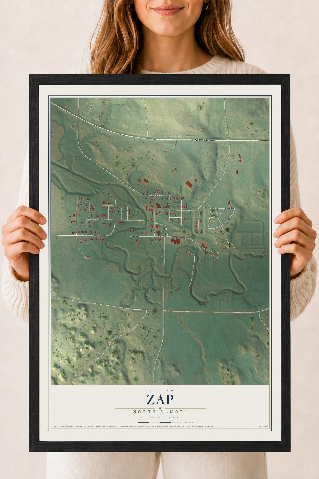Map of Zap, North Dakota, 18 x 24 inch print in a black wood frame