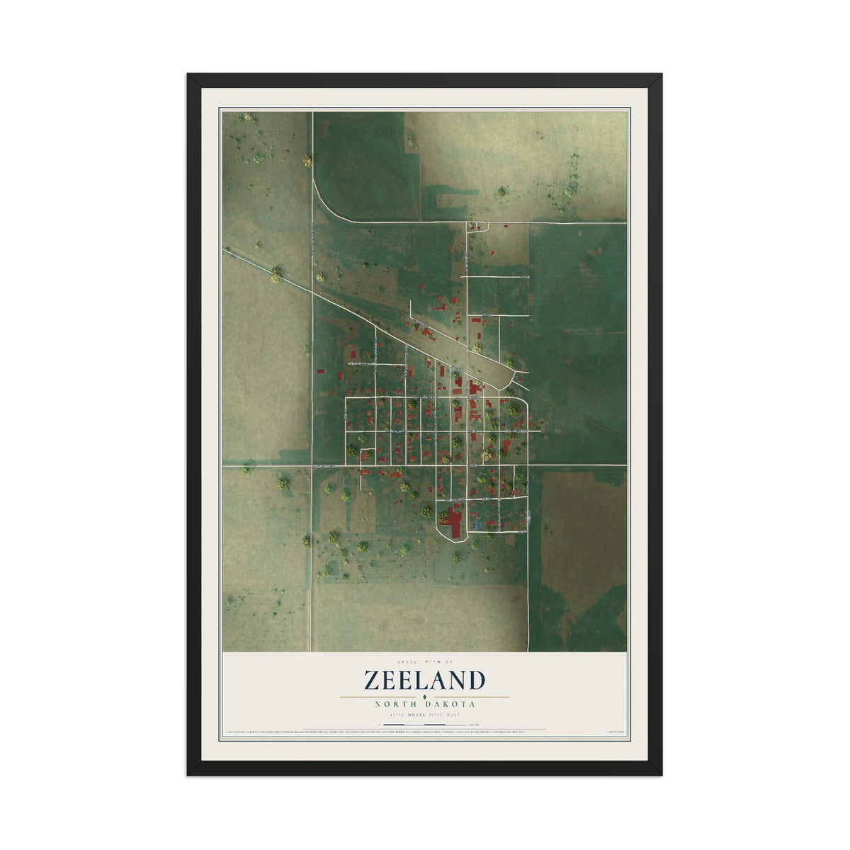Map of Zeeland, North Dakota, 12 x 18 inch print in a black wood frame