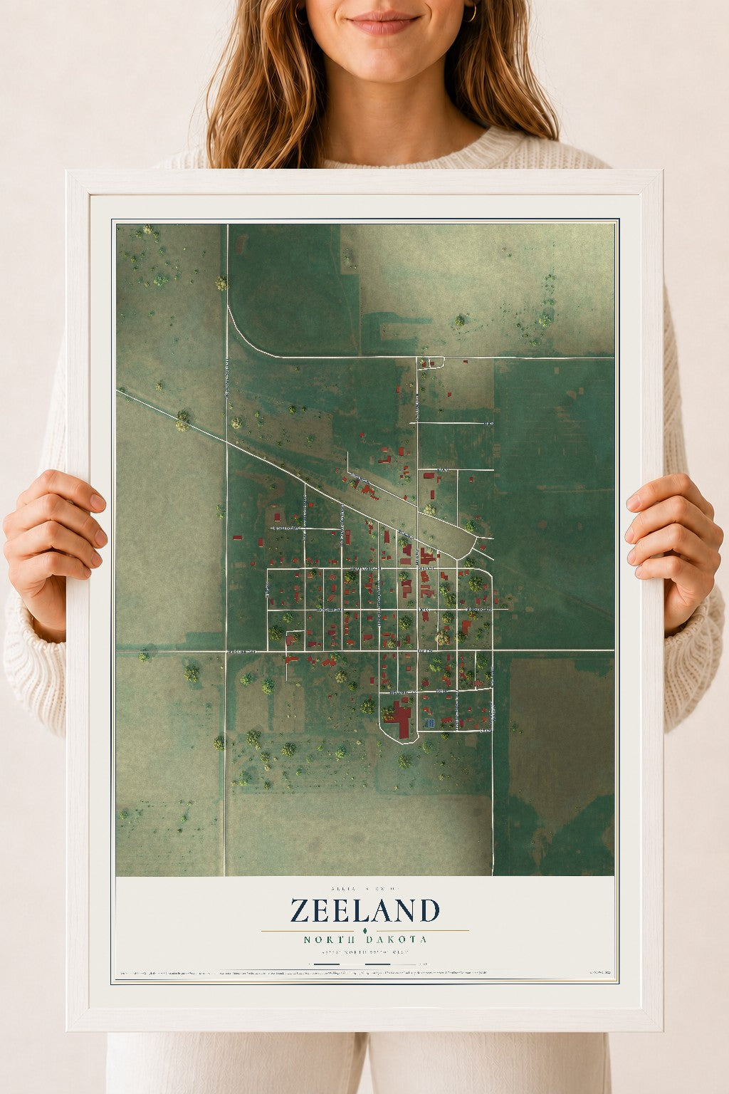 Map of Zeeland, North Dakota, 18 x 24 inch print in a white wood frame