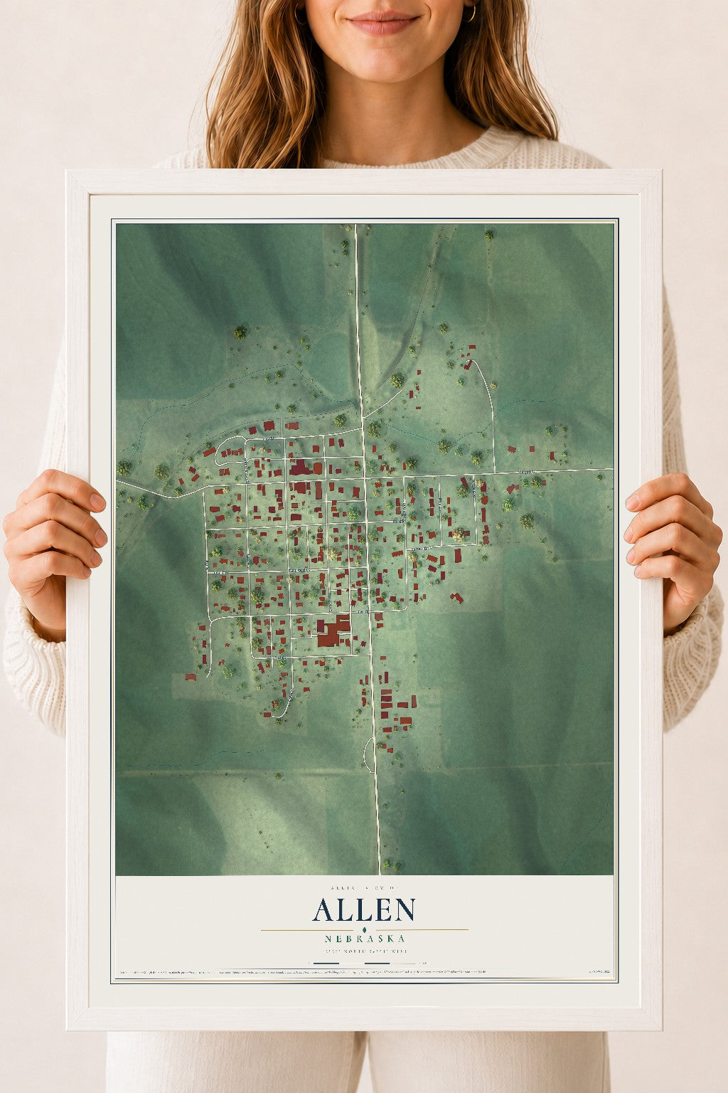 Map of Allen, Nebraska, 18 x 24 inch print in a white wood frame