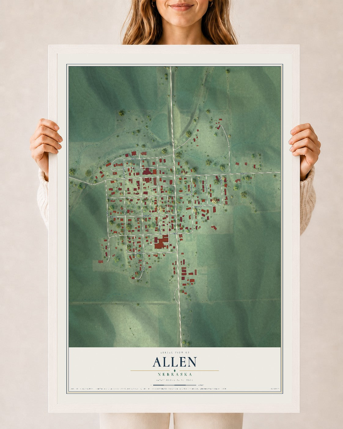 Map of Allen, Nebraska, 24 x 36 inch print in a white wood frame