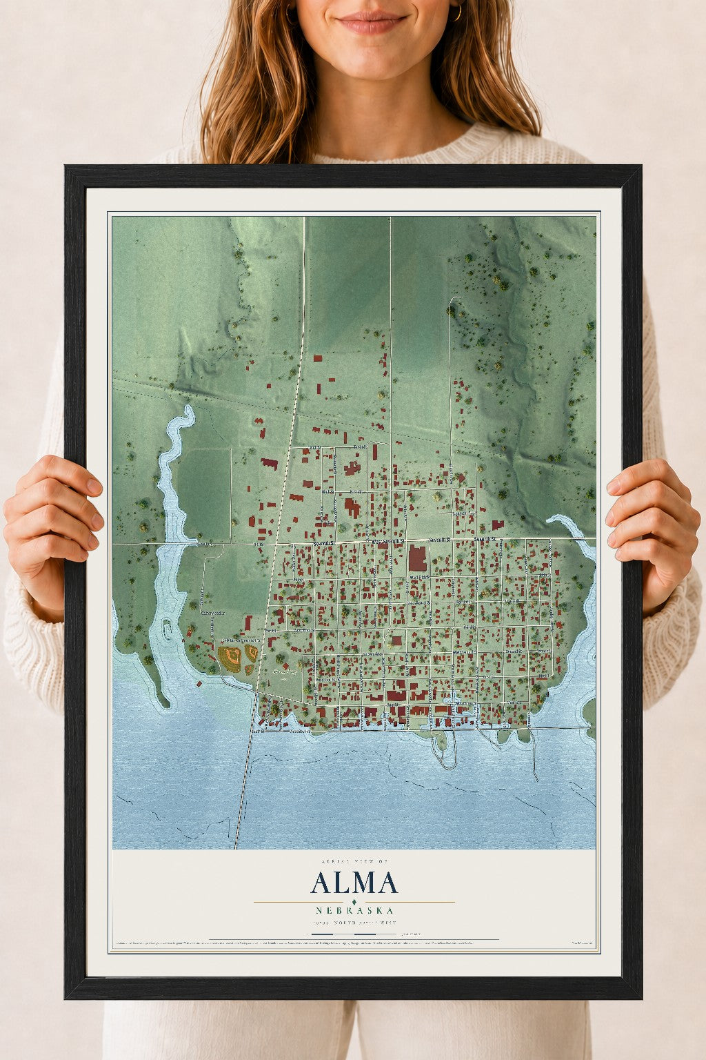 Map of Alma, Nebraska, 18 x 24 inch print in a black wood frame