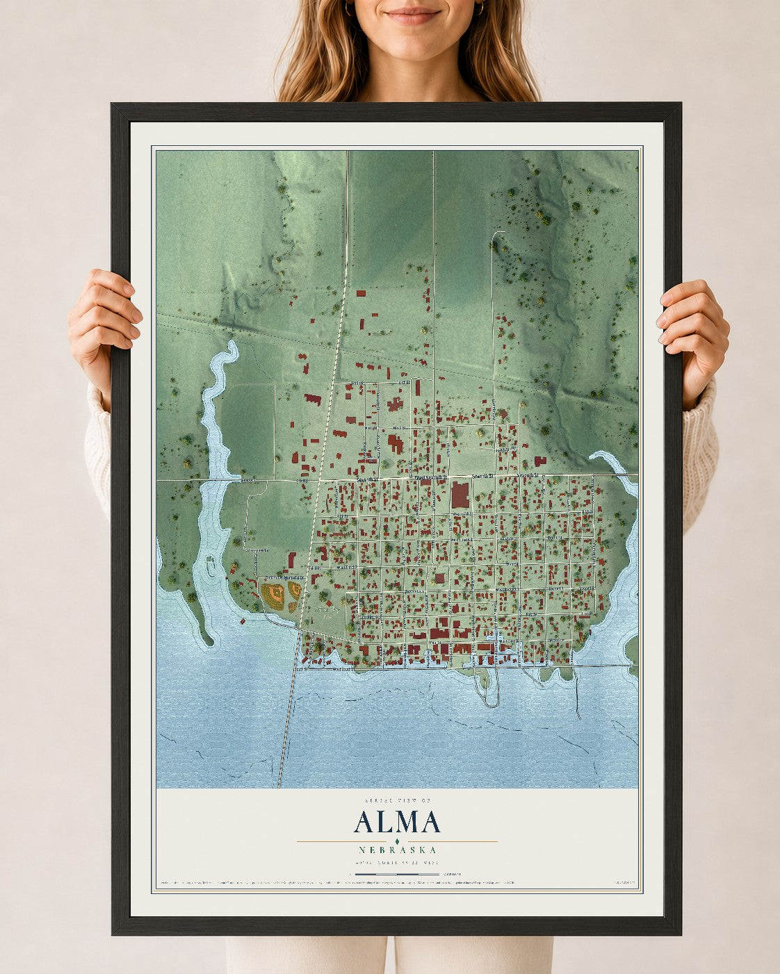 Map of Alma, Nebraska, 24 x 36 inch print in a black wood frame