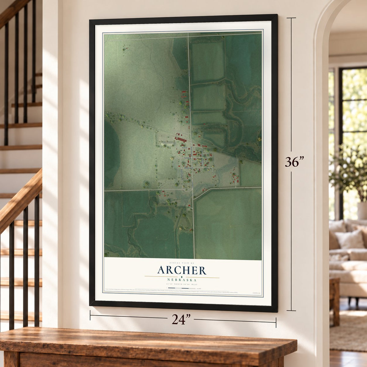 Archer, Nebraska map, 24 x 36 inch print in a black frame by a staircase