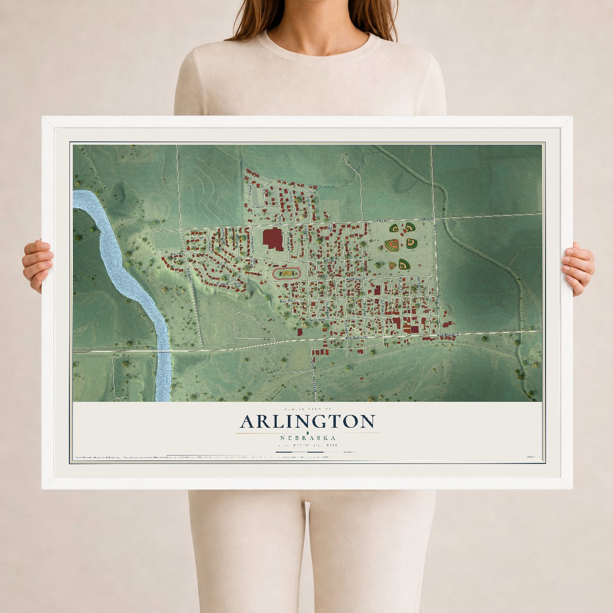 Map of Arlington, Nebraska, 24 x 36 inch print in a white wood frame