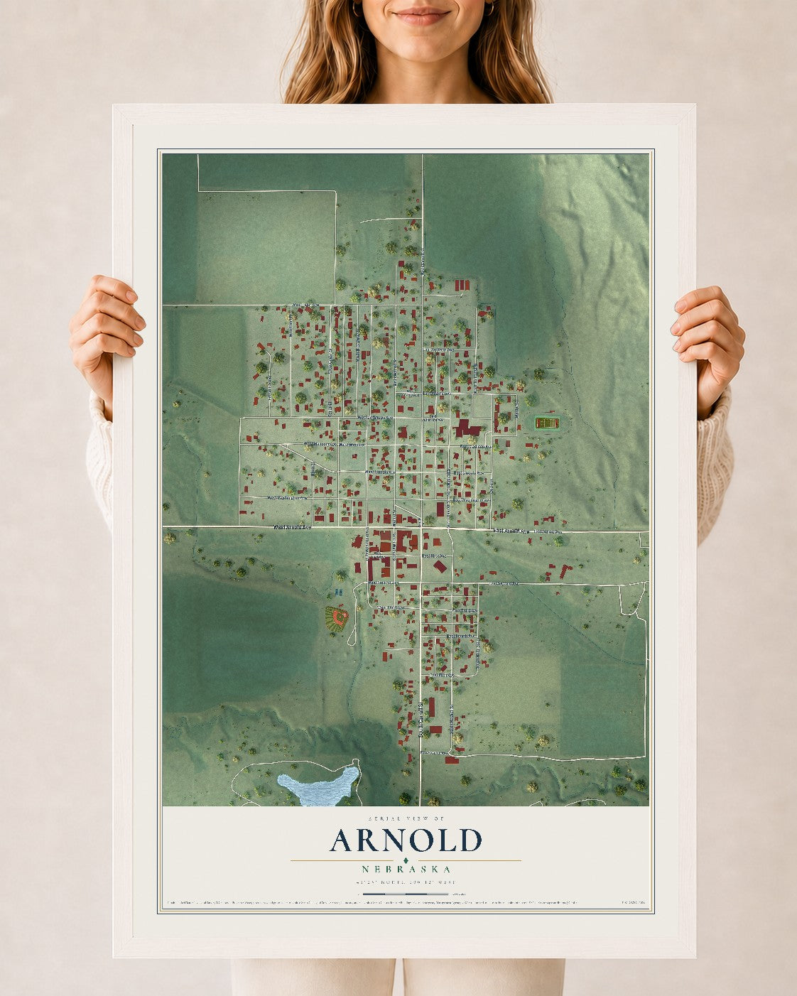 Map of Arnold, Nebraska, 24 x 36 inch print in a white wood frame