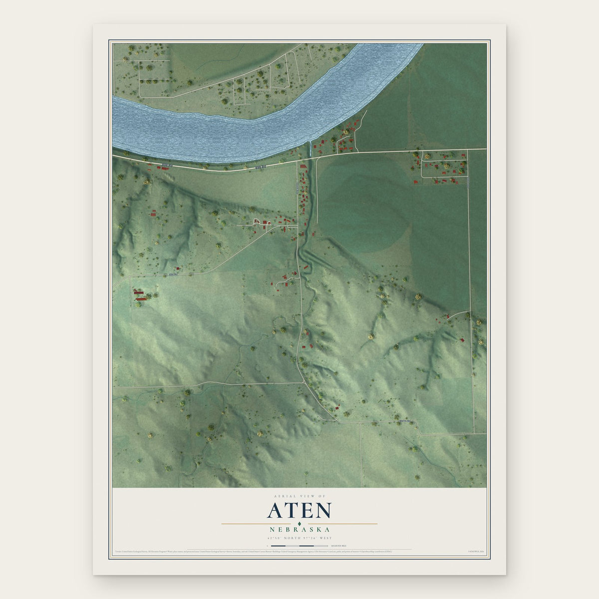 Aten, Nebraska map print, the full design