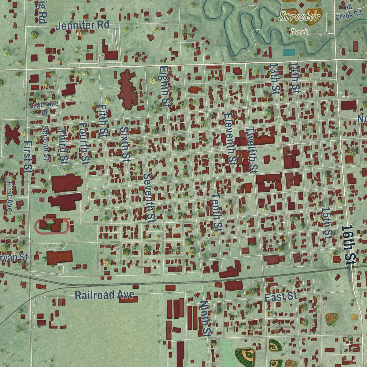 Close-up of the map of Aurora, Nebraska print showing street and building detail