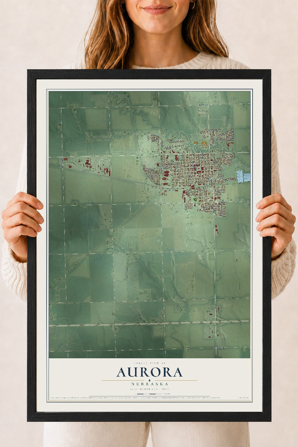 Map of Aurora, Nebraska, 18 x 24 inch print in a black wood frame