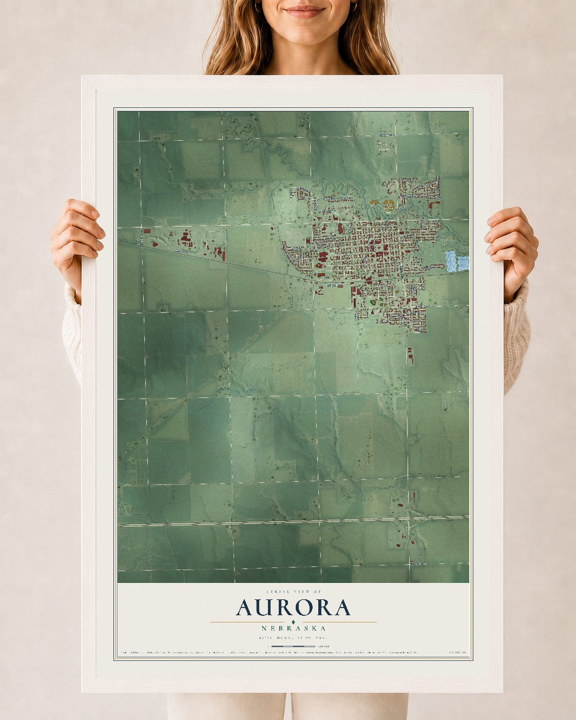Map of Aurora, Nebraska, 24 x 36 inch print in a white wood frame