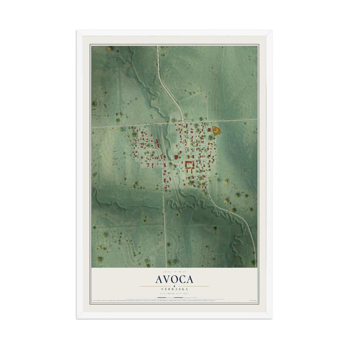 Map of Avoca, Nebraska, 12 x 18 inch print in a white wood frame
