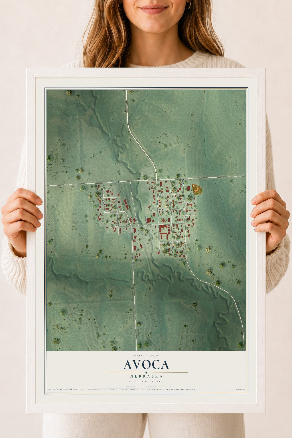 Map of Avoca, Nebraska, 18 x 24 inch print in a white wood frame