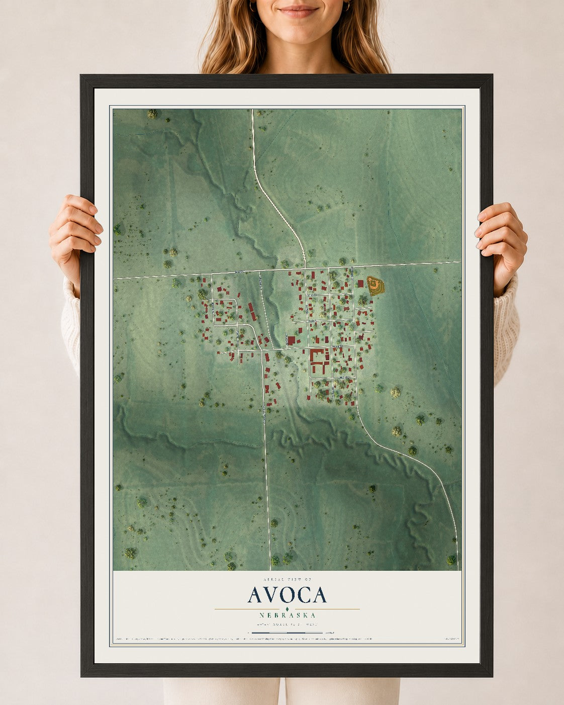 Map of Avoca, Nebraska, 24 x 36 inch print in a black wood frame