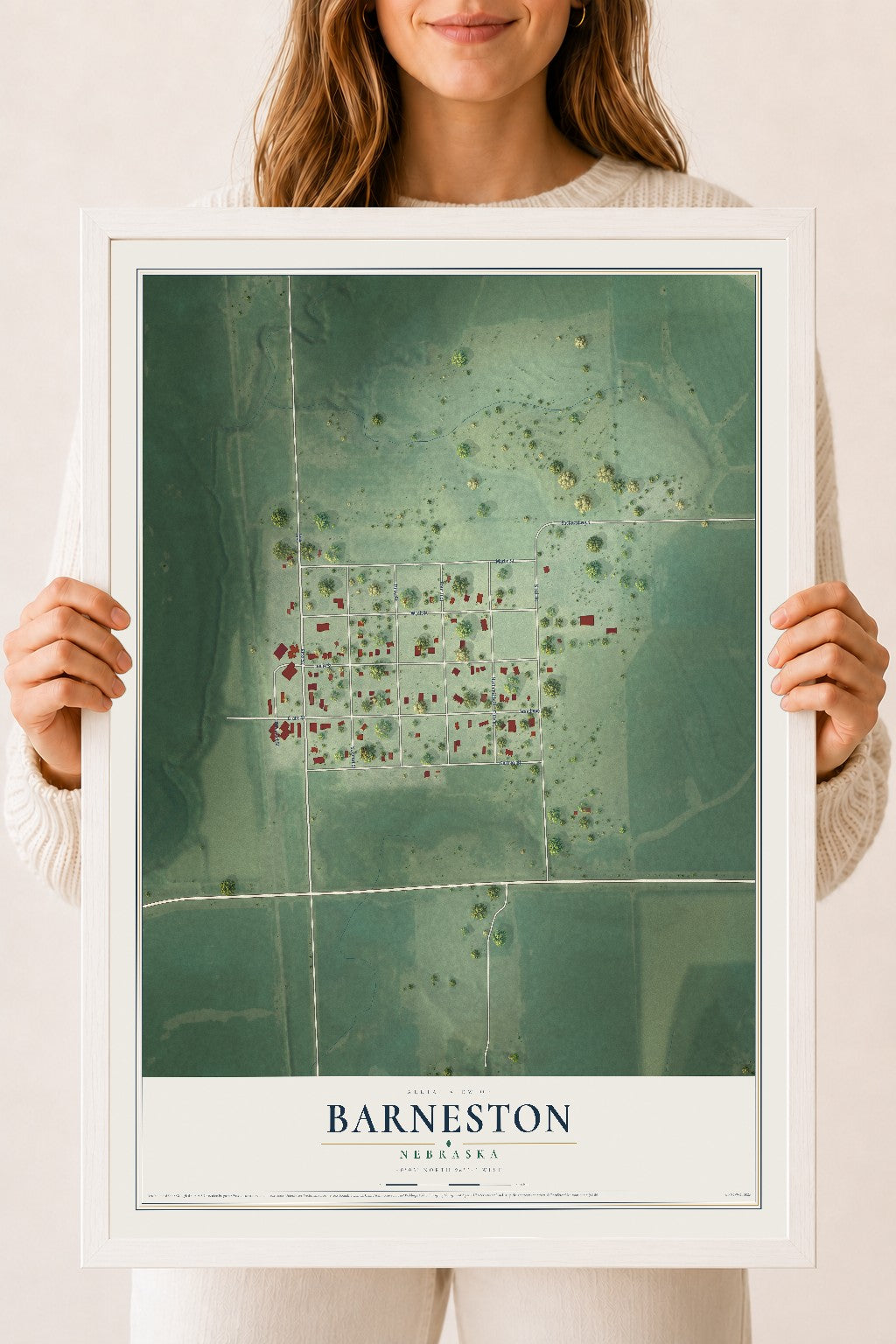 Map of Barneston, Nebraska, 18 x 24 inch print in a white wood frame