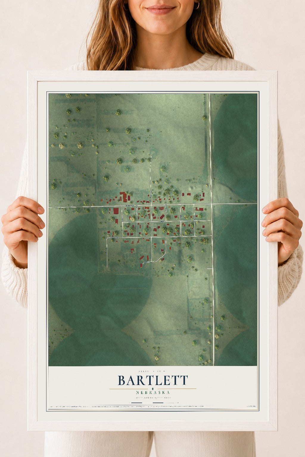 Map of Bartlett, Nebraska, 18 x 24 inch print in a white wood frame