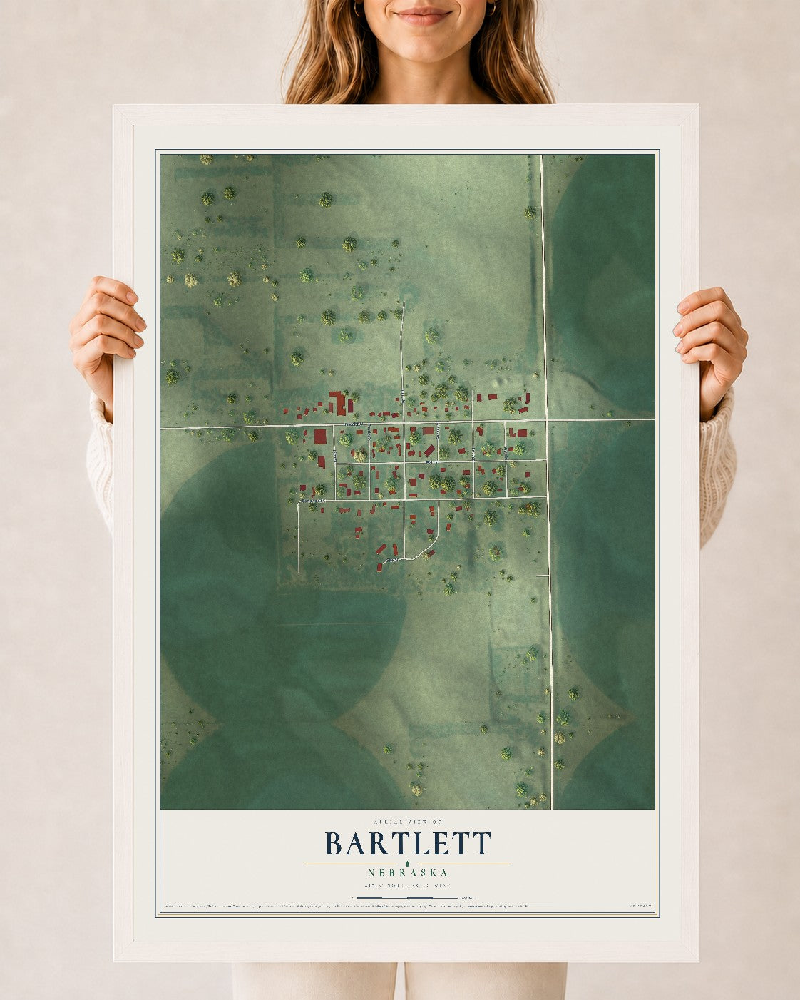 Map of Bartlett, Nebraska, 24 x 36 inch print in a white wood frame