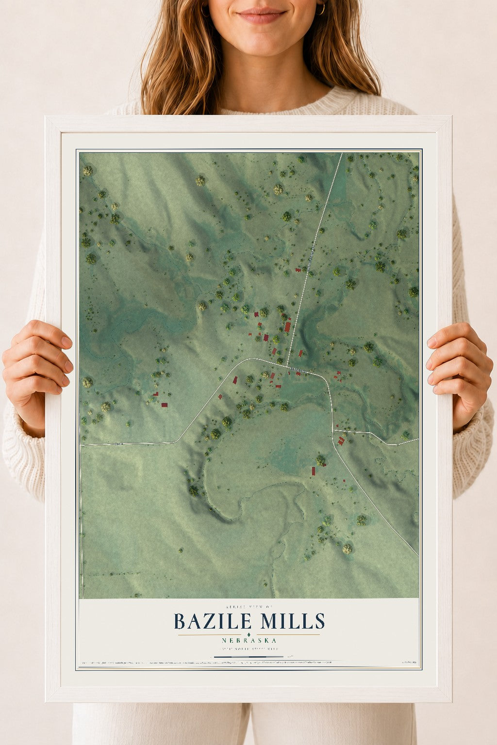 Map of Bazile Mills, Nebraska, 18 x 24 inch print in a white wood frame