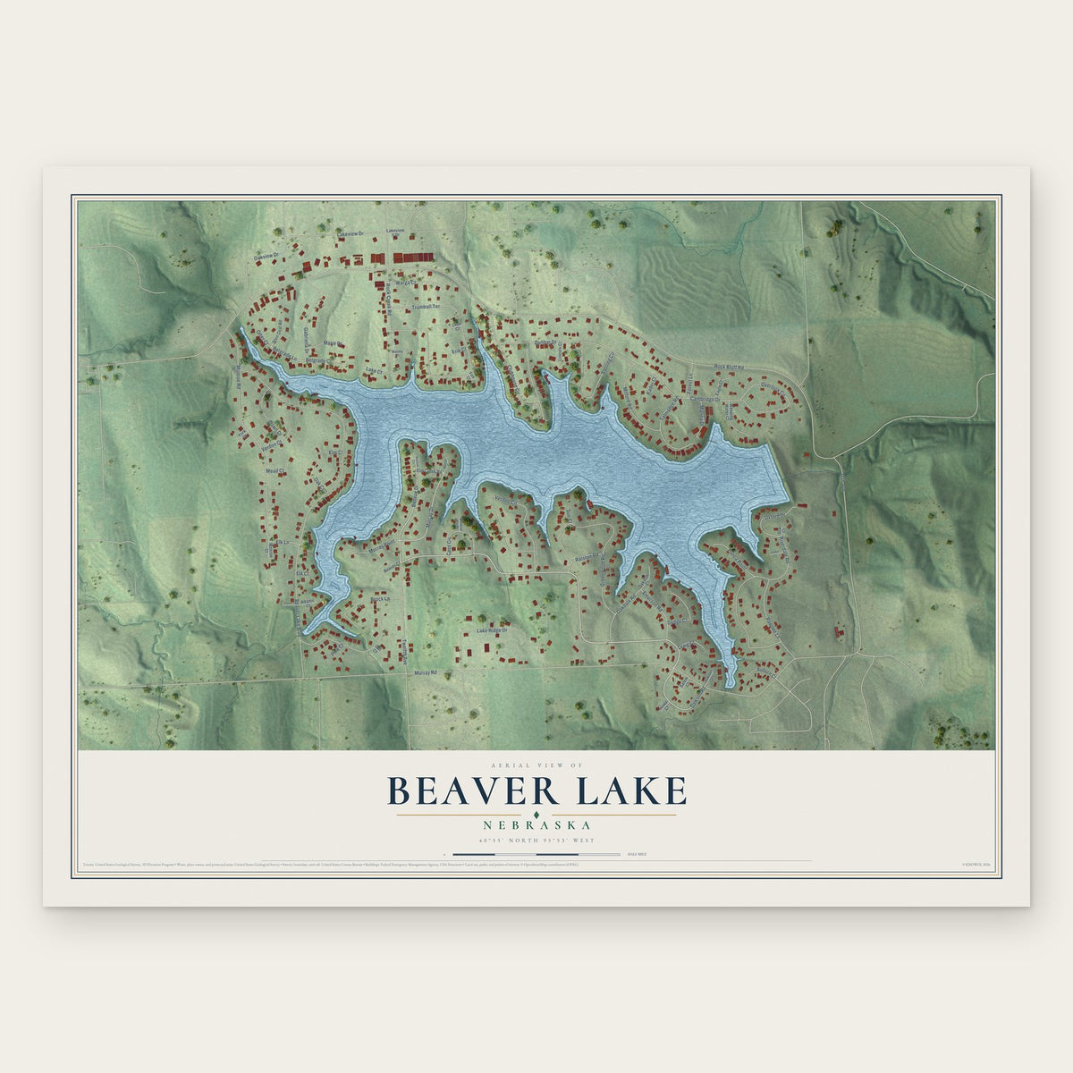 Beaver Lake, Nebraska map print, the full design