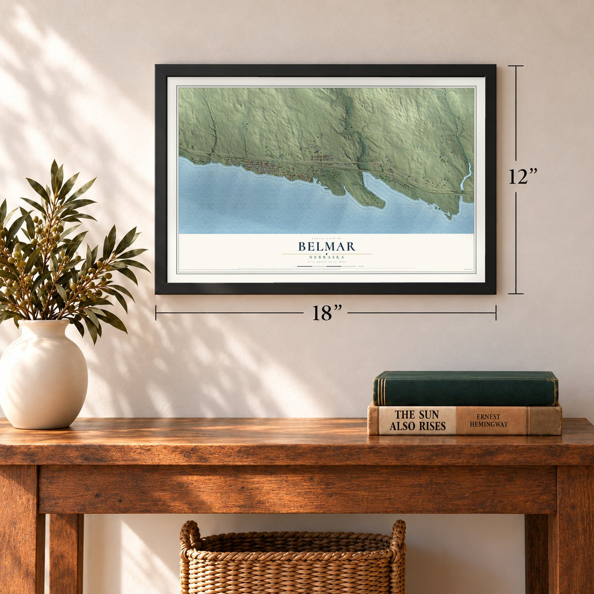 Belmar, Nebraska map, 12 x 18 inch print in a black frame in an entryway