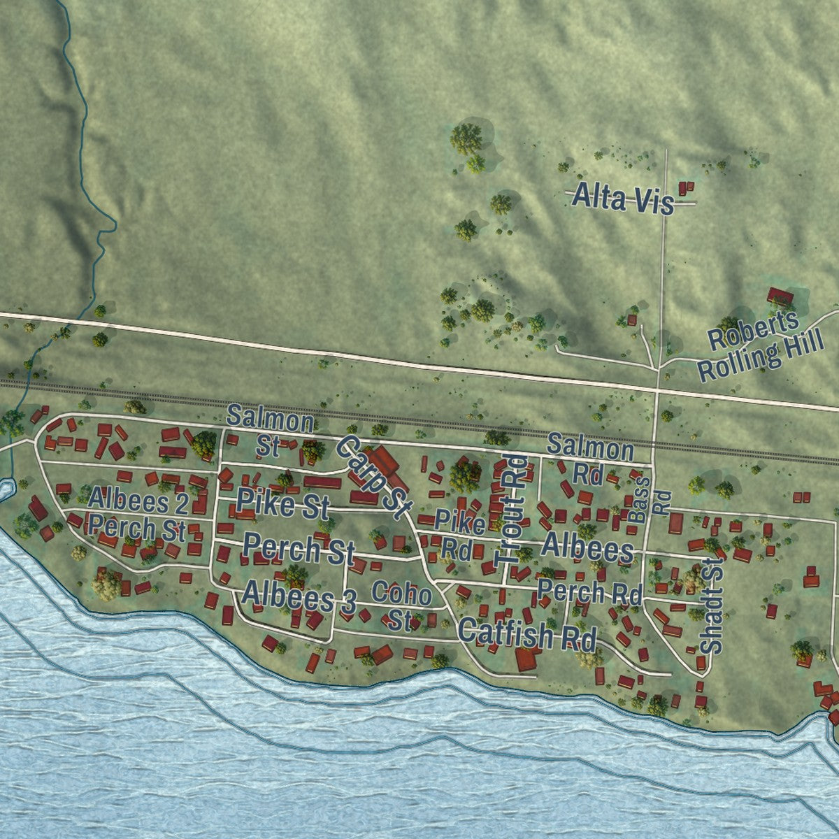 Close-up of the map of Belmar, Nebraska print showing street and building detail