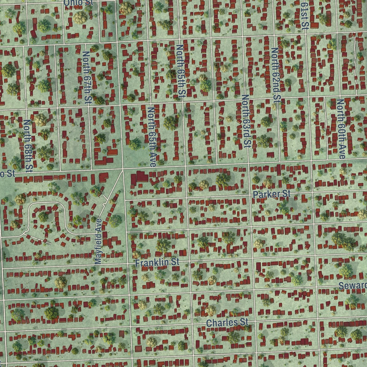 Close-up of the map of Benson, Nebraska print showing street and building detail