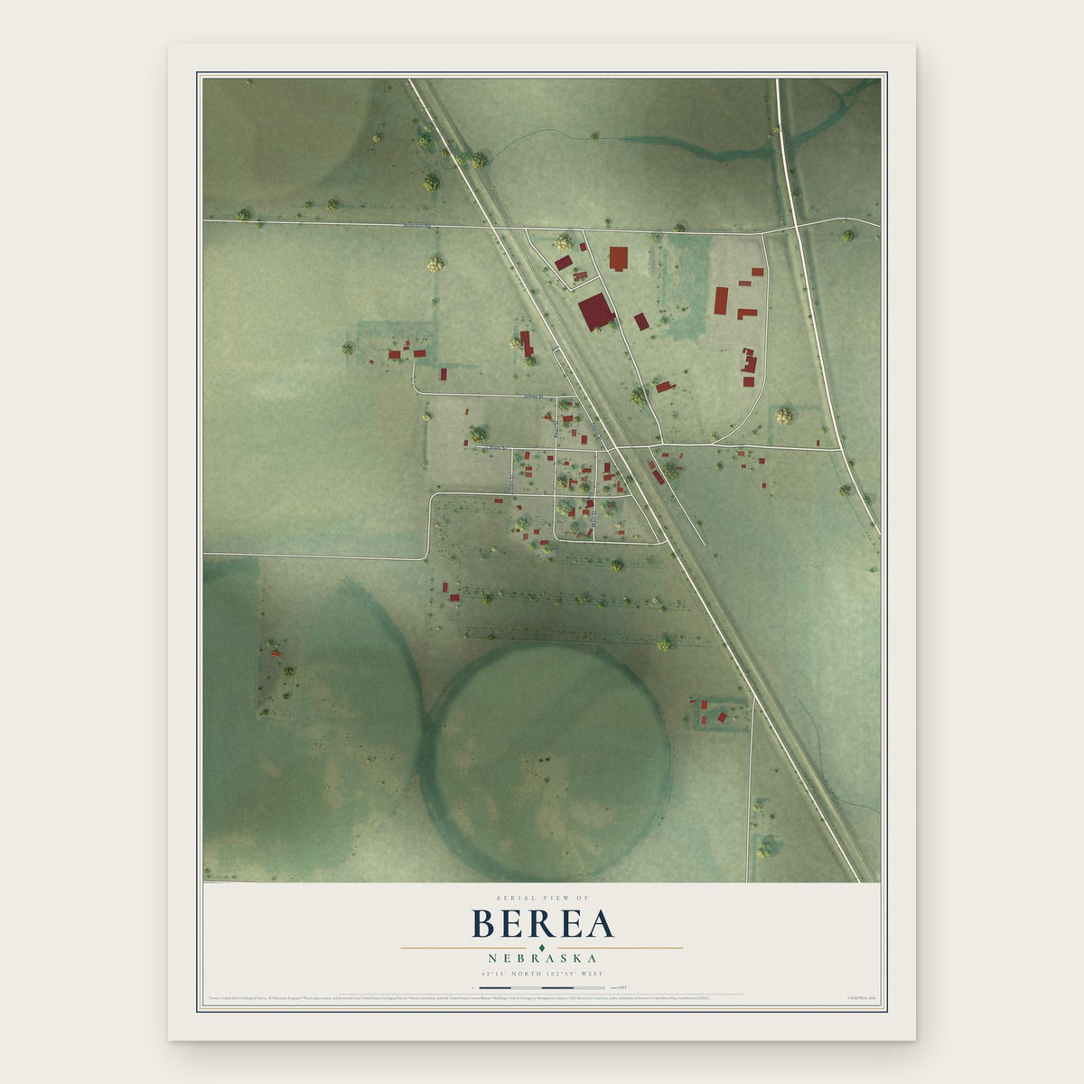 Berea, Nebraska map print, the full design