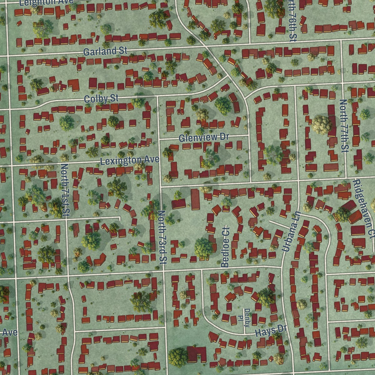 Close-up of the map of Bethany, Nebraska print showing street and building detail