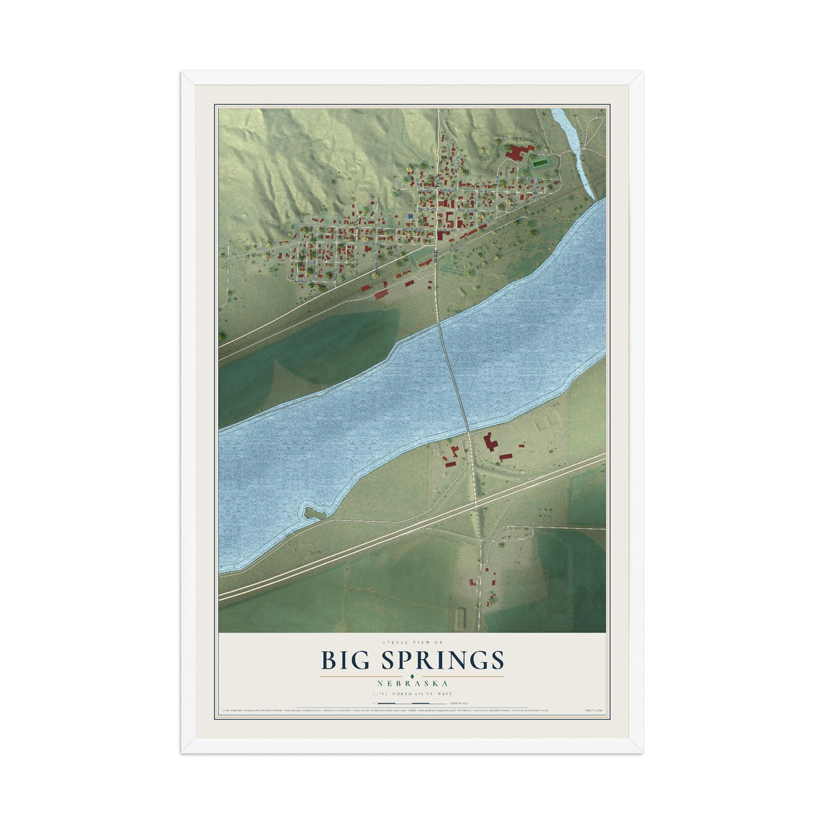 Map of Big Springs, Nebraska, 12 x 18 inch print in a white wood frame