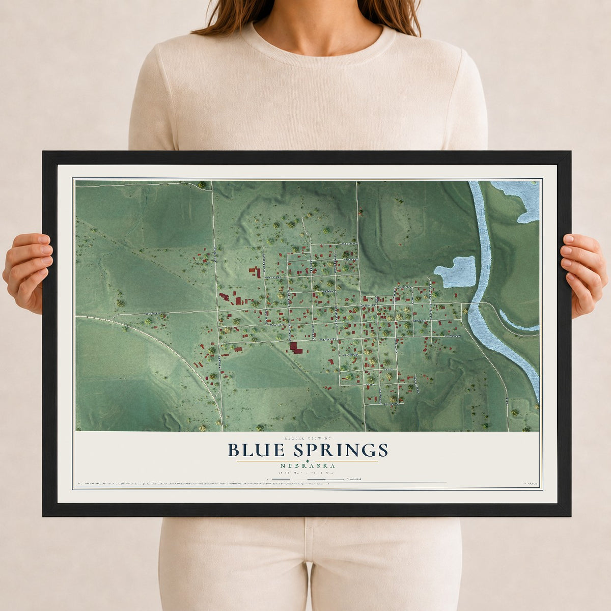 Map of Blue Springs, Nebraska, 12 x 18 inch print in a black wood frame
