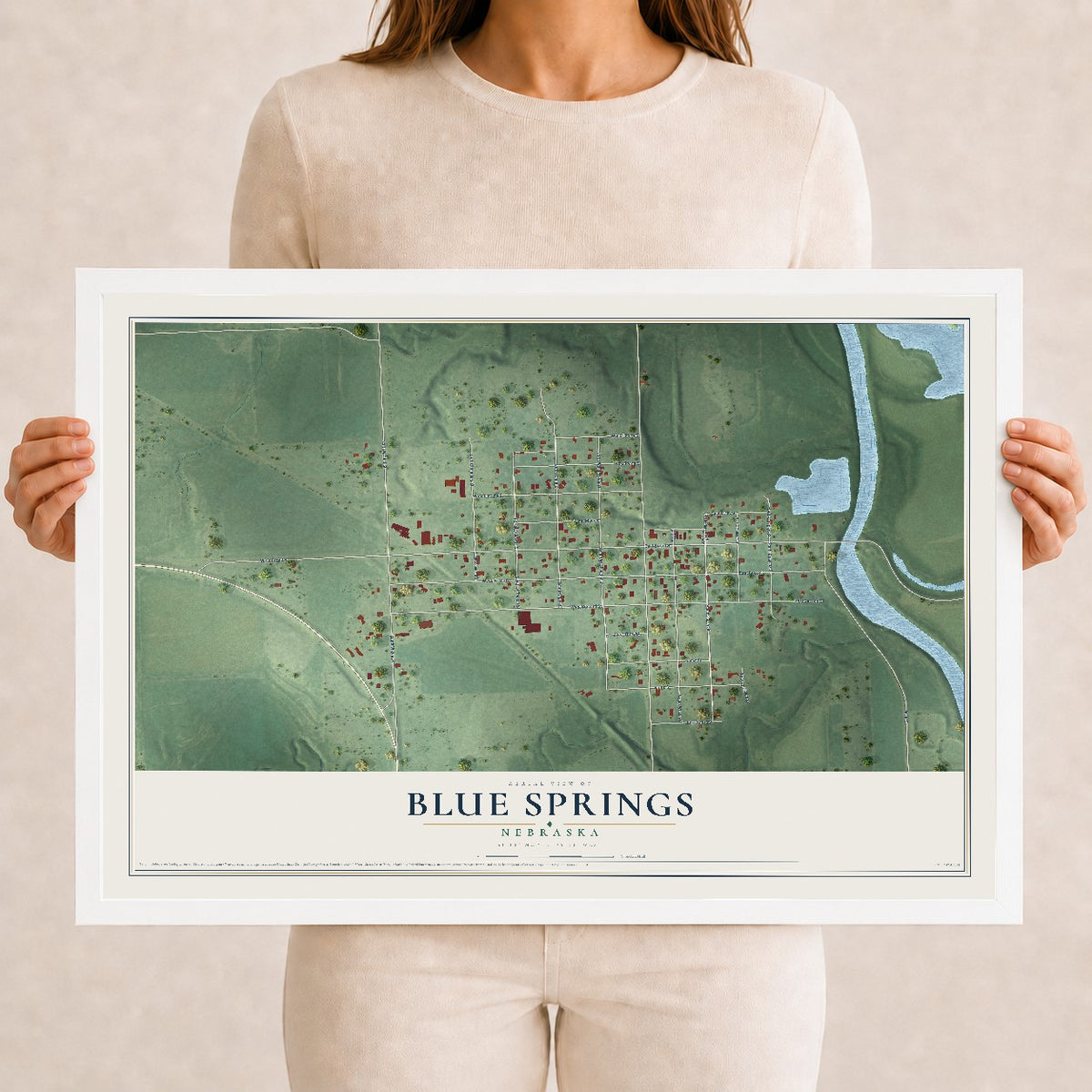 Map of Blue Springs, Nebraska, 12 x 18 inch print in a white wood frame