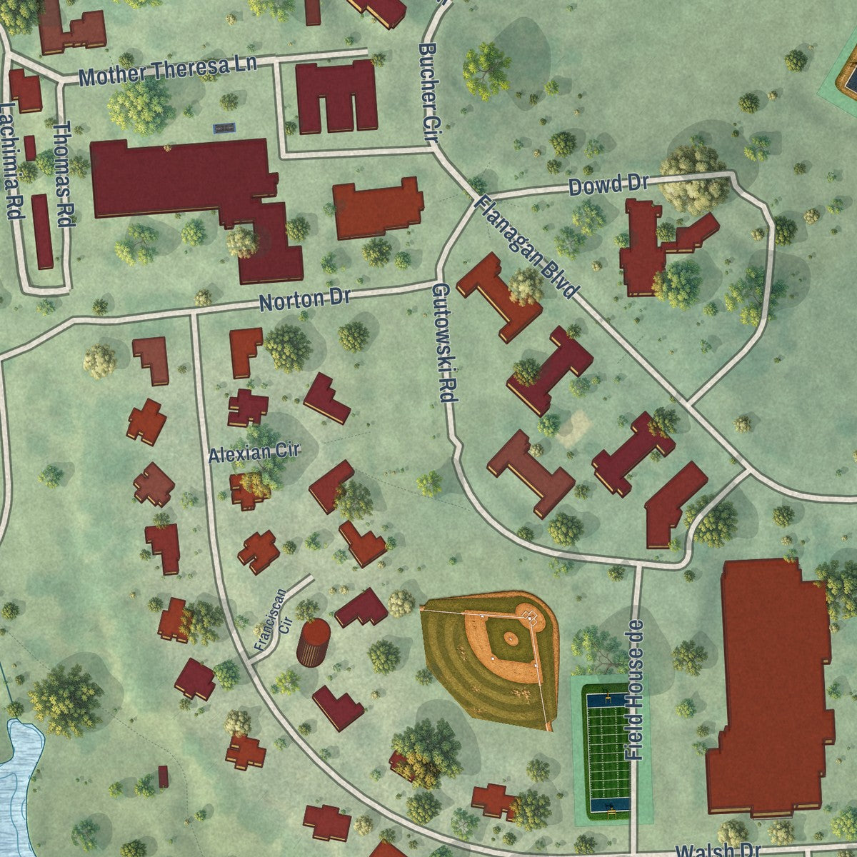 Close-up of the map of Boys Town, Nebraska print showing street and building detail