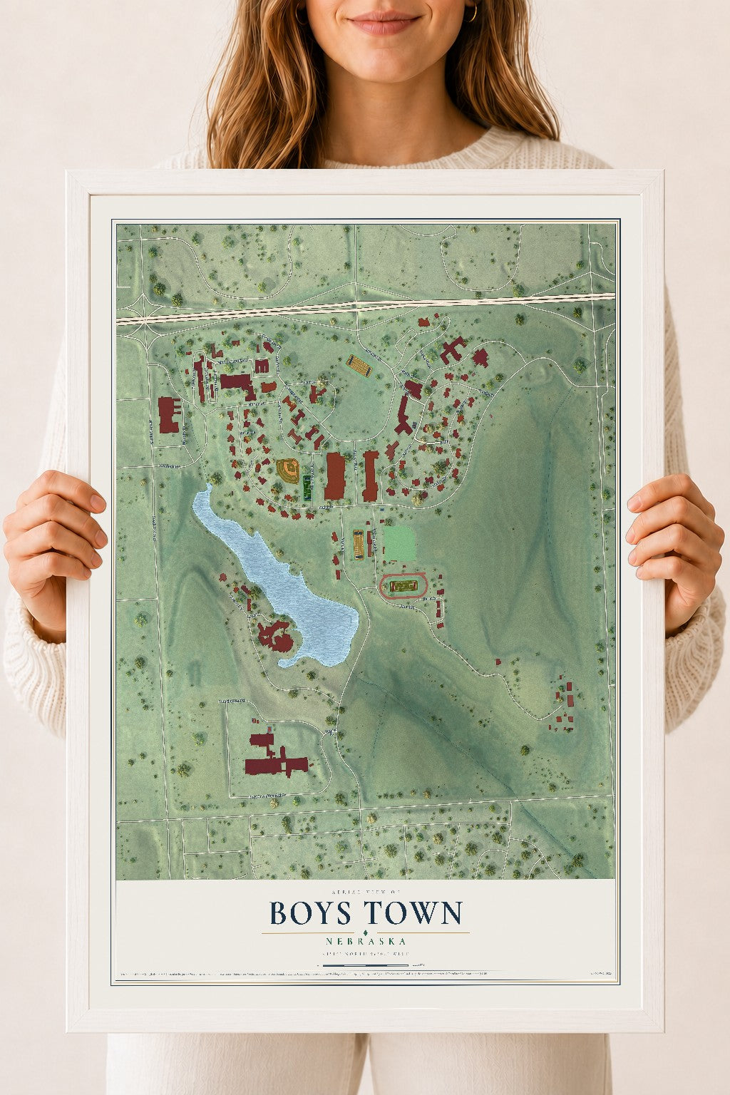 Map of Boys Town, Nebraska, 18 x 24 inch print in a white wood frame