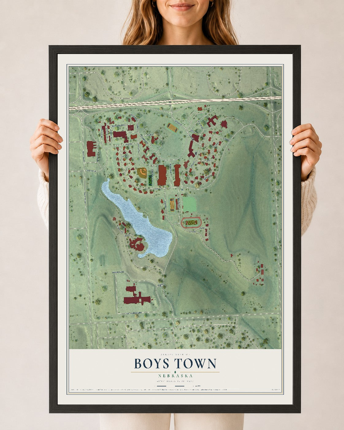 Map of Boys Town, Nebraska, 24 x 36 inch print in a black wood frame