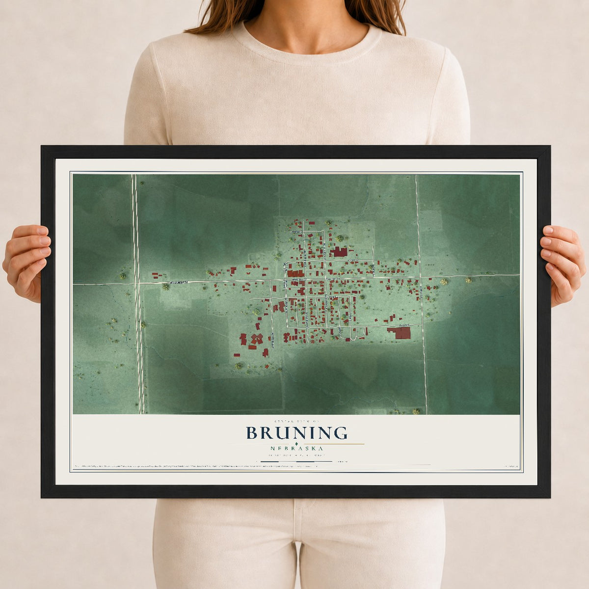 Map of Bruning, Nebraska, 12 x 18 inch print in a black wood frame
