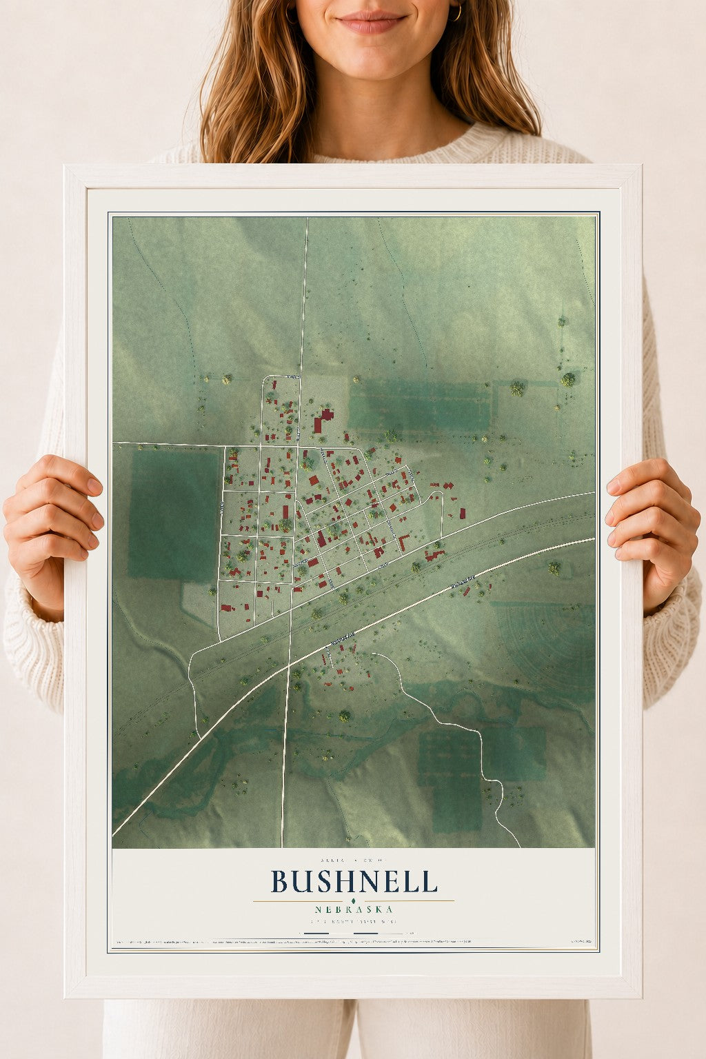 Map of Bushnell, Nebraska, 18 x 24 inch print in a white wood frame