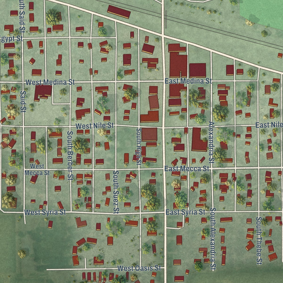 Close-up of the map of Cairo, Nebraska print showing street and building detail
