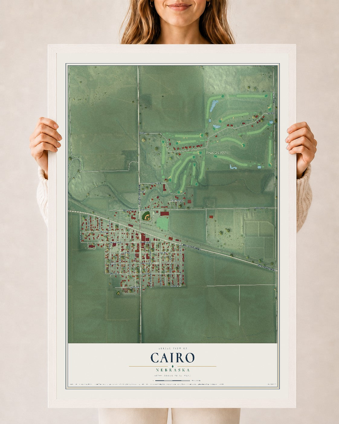 Map of Cairo, Nebraska, 24 x 36 inch print in a white wood frame