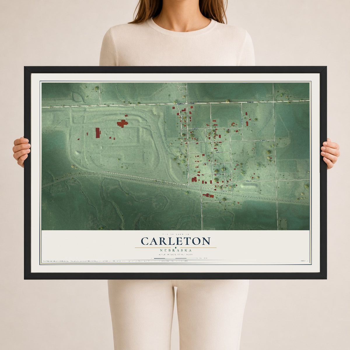 Map of Carleton, Nebraska, 24 x 36 inch print in a black wood frame
