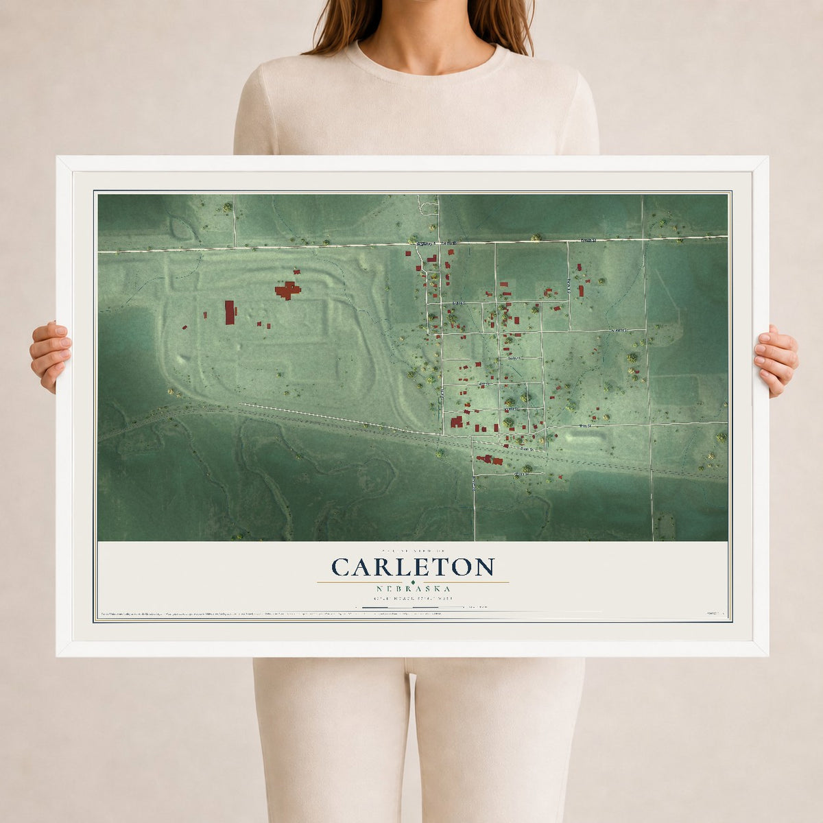 Map of Carleton, Nebraska, 24 x 36 inch print in a white wood frame