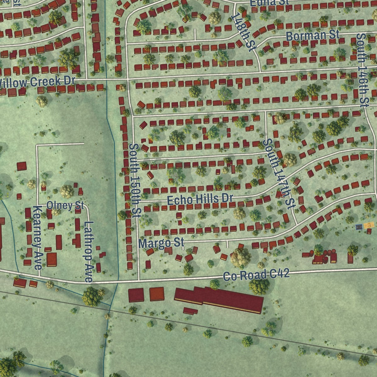 Second close-up of the map of Chalco, Nebraska print showing more streets and buildings